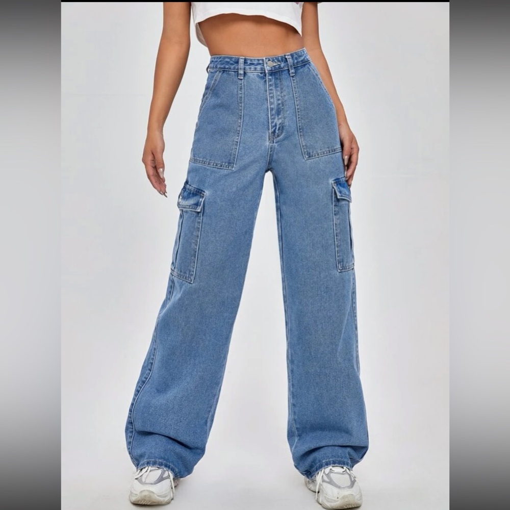 Light blue denim jeans with pockets baggy pants straight style high waisted